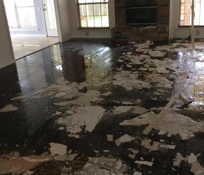 white debris on wooden floor, wet wooden floor of a home